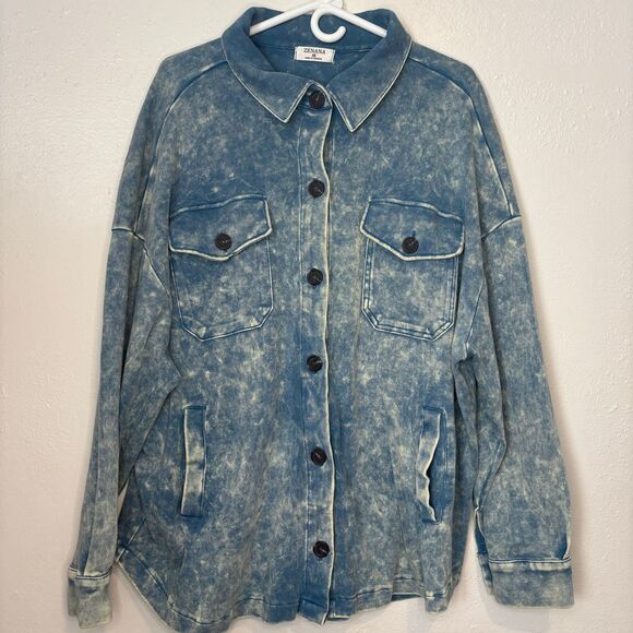 Zenana Plus Size Premium Vintage Oversized Blue Womens Shacket Mineral Washed 3X - Picture 1 of 7